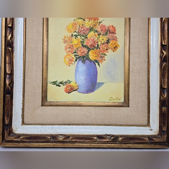 Do R'e Original Oil Painting Vintage Blue Vase With Orange-Yellow Chrysanthemums - Picture 3 of 12